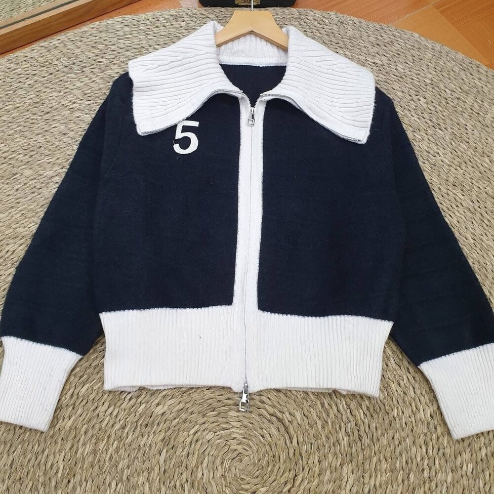 Navy White Number 5 Zip-Up Varsity Knit Jacket